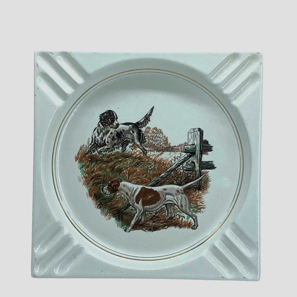 Vtg 70s Hyalyn Pottery Porcelain Ashtray Dog Bird Goose Hunting Pointer‎ 7" x 7"